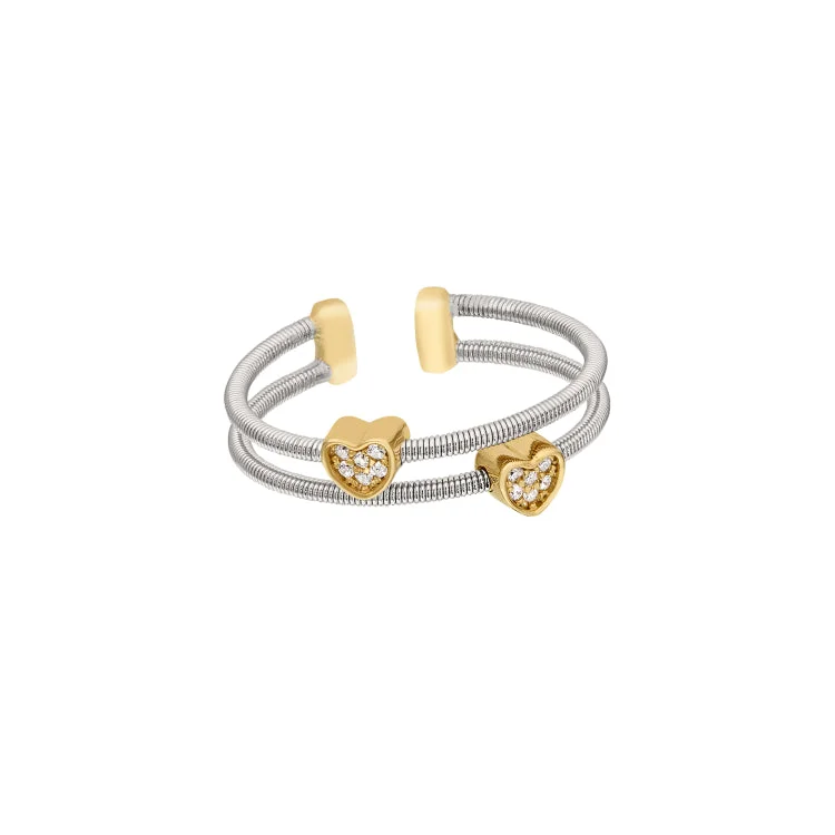 Ladies rings conflict free -Rhodium Finish Sterling Silver Two Cable Cuff Ring with Two Gold Finish Simulated Diamond Hearts