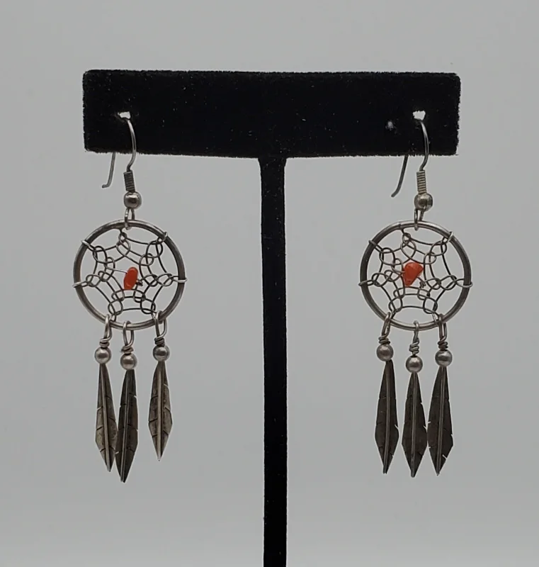 ladies earrings natural-Vintage Silver and Coral Dreamcatcher Earrings