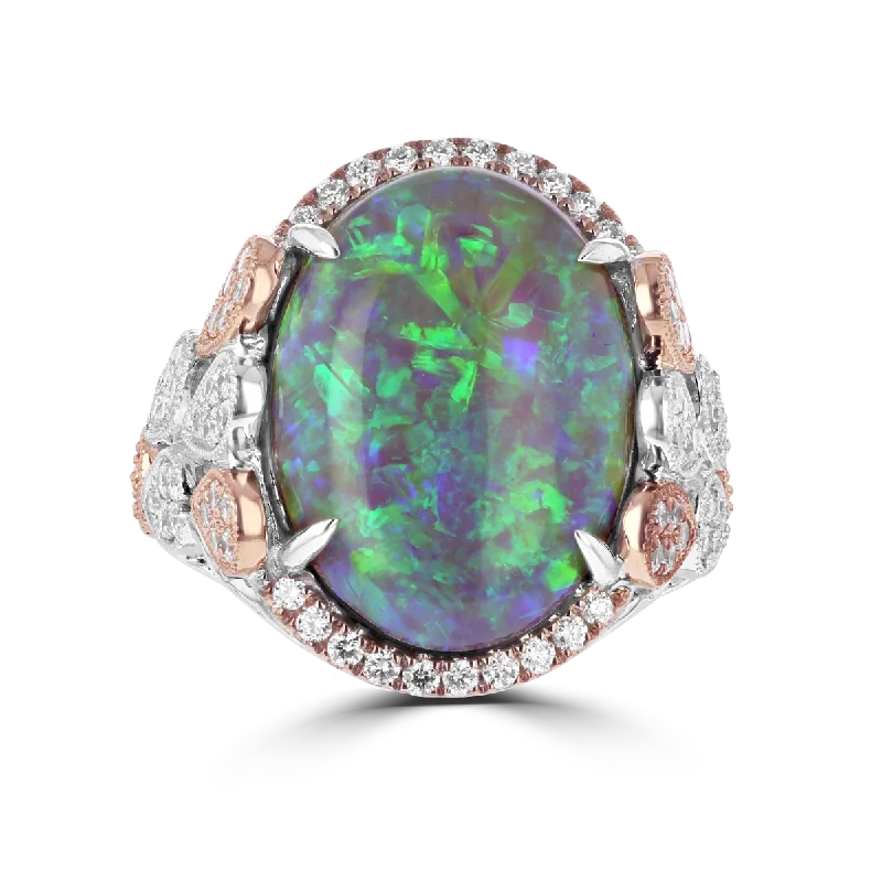 Ladies rings vintage gem -JULEVE 18KT TWO-TONE GOLD 9.33 CT OPAL & 0.78 CTW DIAMOND HALF HALO RING