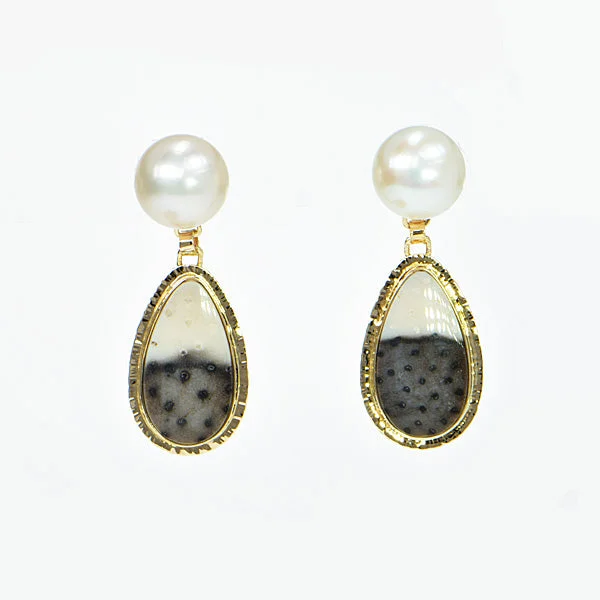 ladies earrings lab grown-Fossil Palm & Freshwater Pearl Earrings