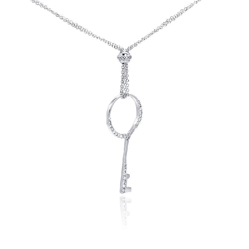 ladies necklaces lightweight-Silver 925 Rhodium Plated Open Circle Key CZ Necklace - BGP00279