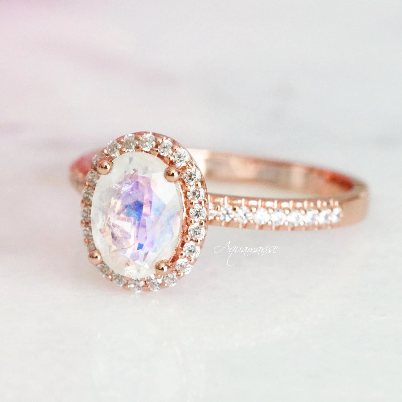 ladies engagement rings eye catching-Iris Moonstone Engagement Ring- 10K/14K/18K Solid Rose Gold