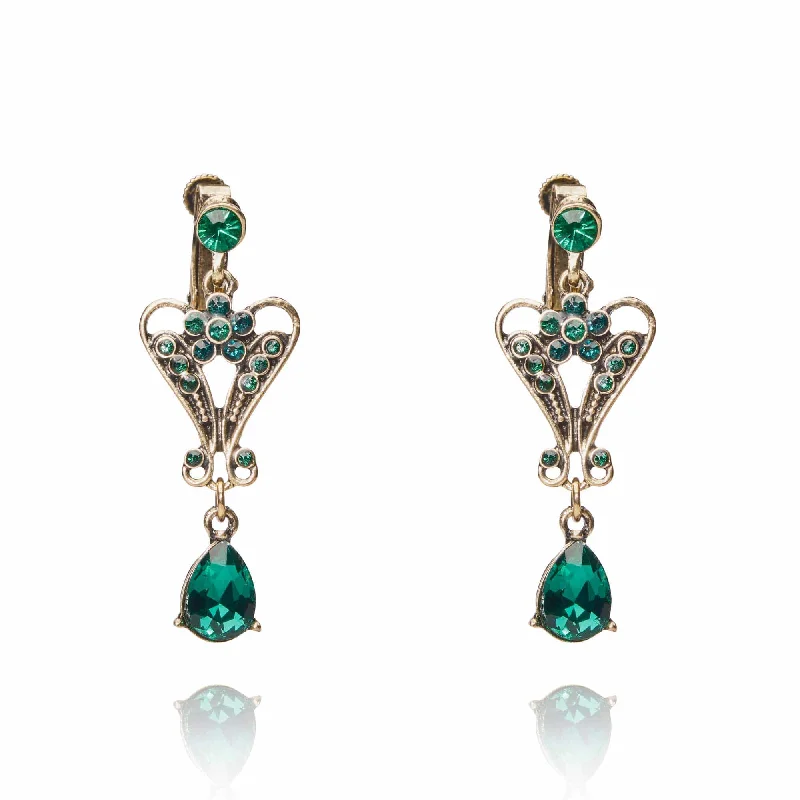 ladies earrings brands-Pendeloque Clip on Crystal Drop Earrings: Emerald Earrings