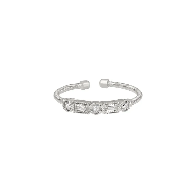 Ladies rings natural brilliance -Rhodium Finish Sterling Silver Cable Cuff Ring with Simulated Diamond Emerald & Round Design