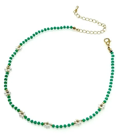 ladies necklaces cheap-Green Daisy Bead Flower Necklace with Beaded Chain