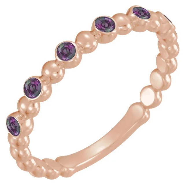 Ladies rings romance charm -14KT GOLD 0.18 CTW ROUND LAB GROWN ALEXANDRITE BEADED STACKABLE RING