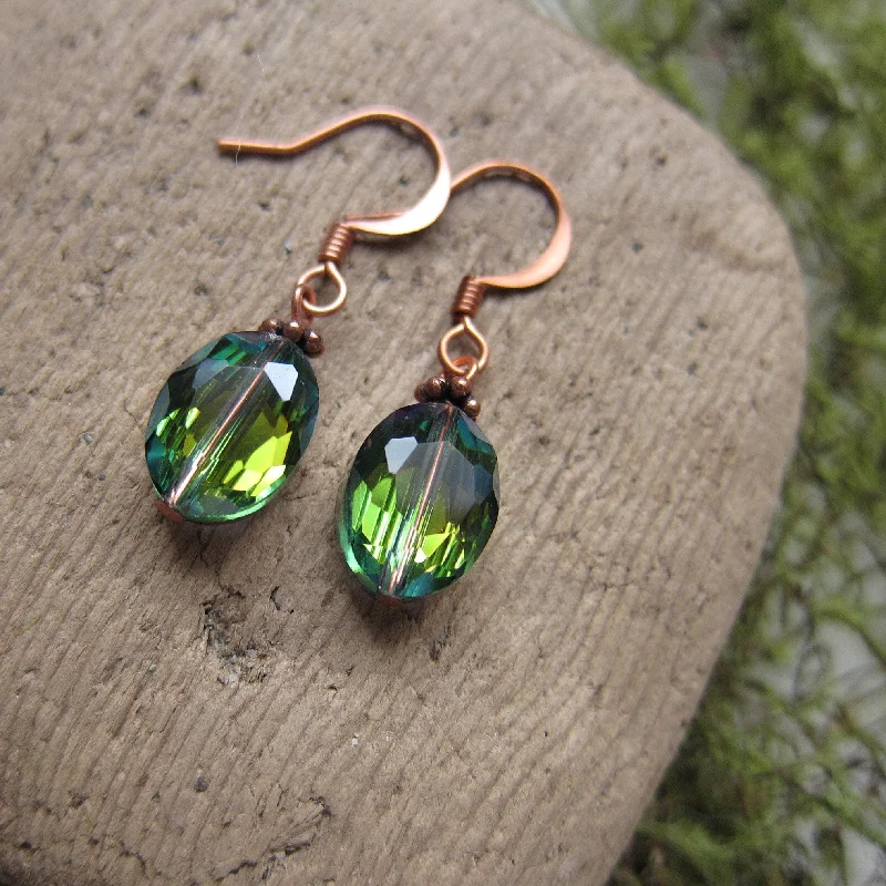 ladies earrings brands-Green Crystal Earrings Faceted Moss Green & Gold on Copper Ear Wires