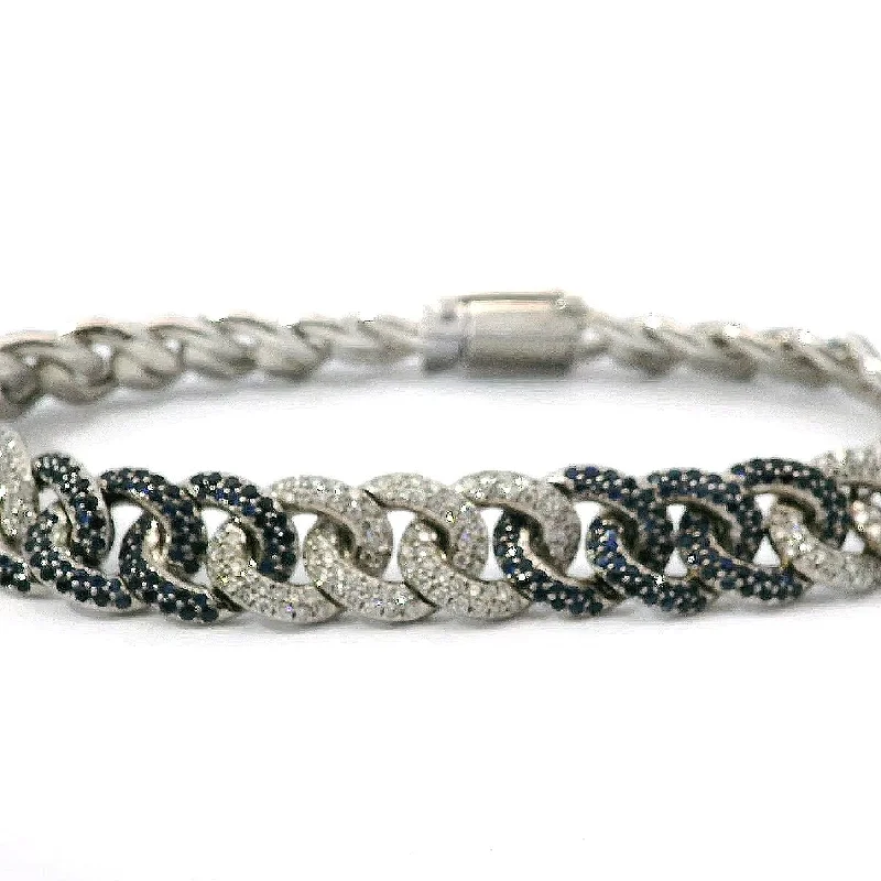 Ladies bracelets everlasting charm -14K White Gold Pave Cuban Link Natural Sapphire and Diamond Bracelet