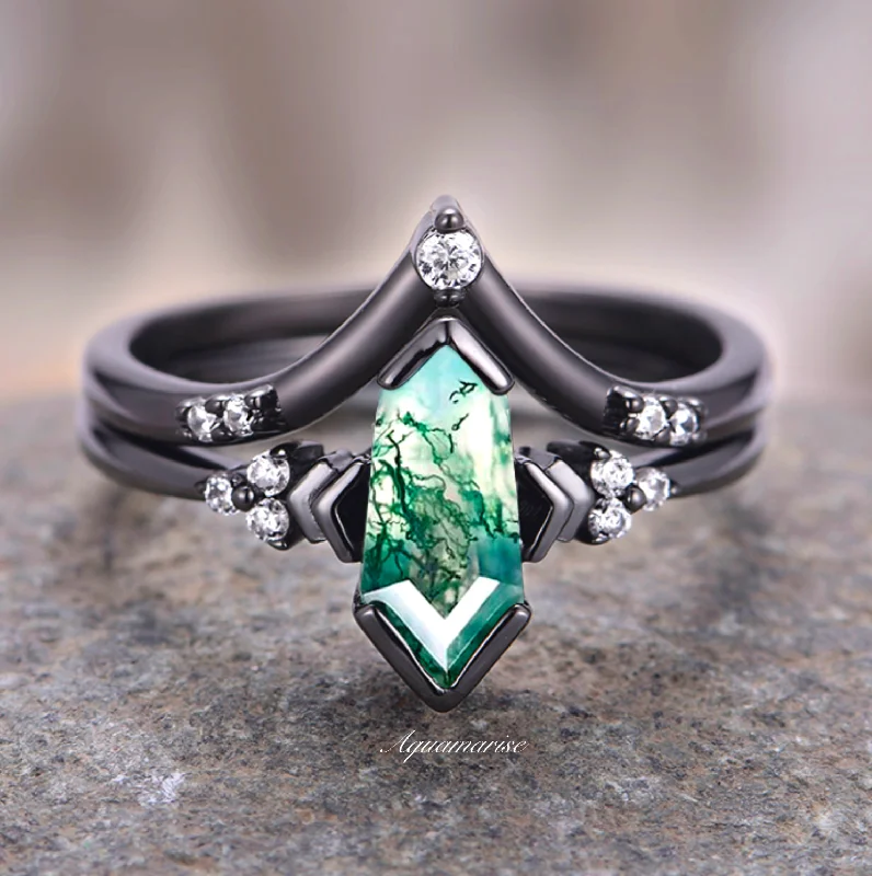 ladies engagement rings heart-Coffin Kite Green Moss Agate Engagement Ring- Black Rhodium Filled