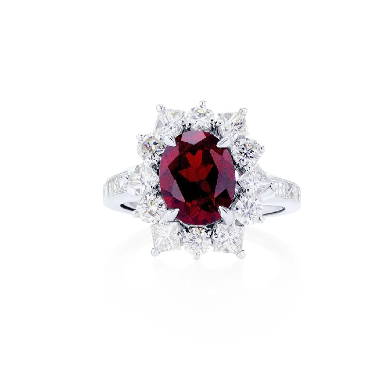 ladies engagement rings splurge-3.13 CT Oval Cut Lab Grown Ruby with 1.50 Cttw Mixed Cut Diamond Halo 18K White Gold Engagement Ring