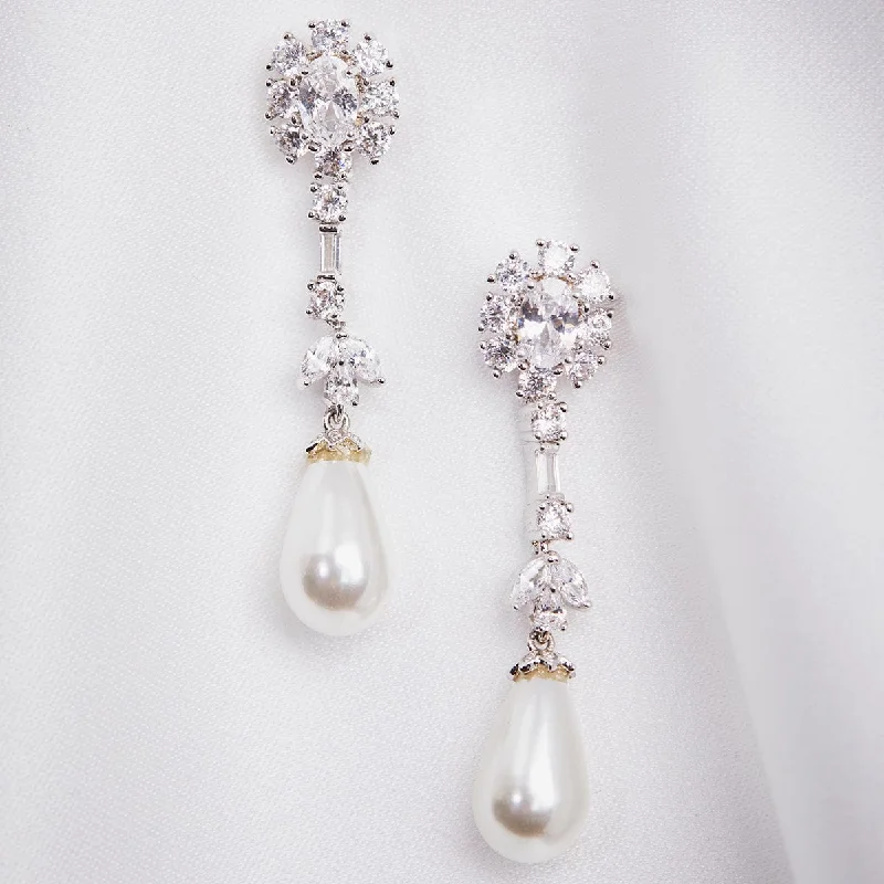 ladies earrings heavy-Crystal and Teardrop Pearl drop Earring