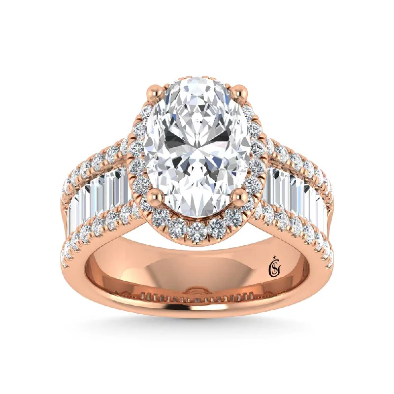 ladies engagement rings upcycled-14K Rose Gold Lab Grown Diamond 4 5/8 Ct.Tw. Round and Baguette Shank Engagement Ring (Oval Center)