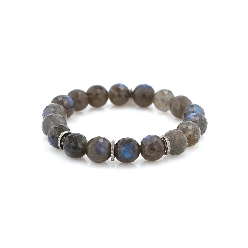 Ladies bracelets fire radiance -Labradorite Bead Bracelet with 3 Diamond Rondelles - 10mm : B0003533