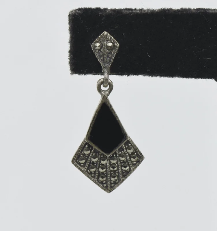 ladies earrings chic-UNMATCHED Vintage Black Onyx and Marcasite Sterling Silver Earring