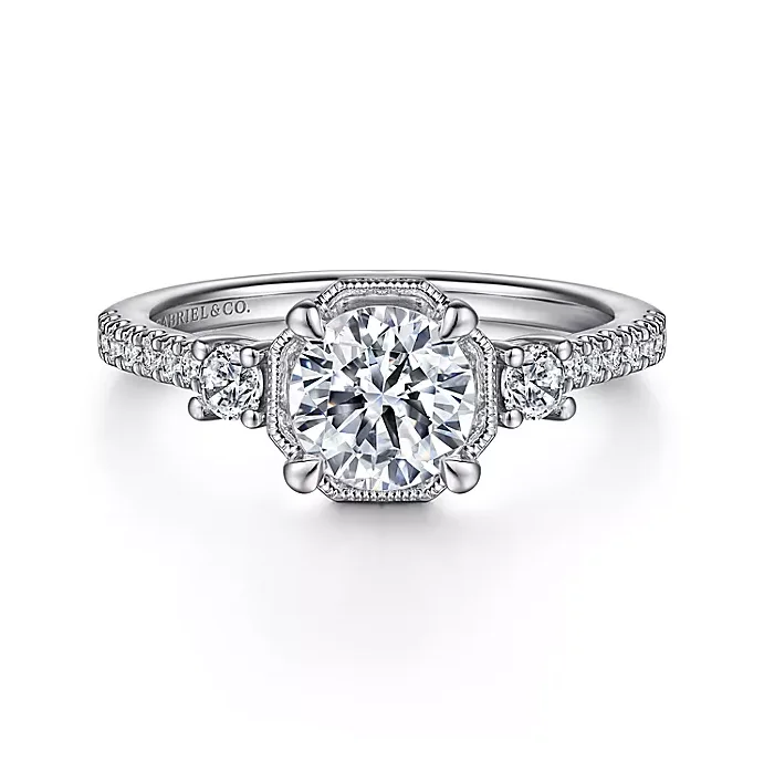 ladies engagement rings seasonal design-Heather - Art Deco 14K White Gold Round Three Stone Diamond Engagement Ring