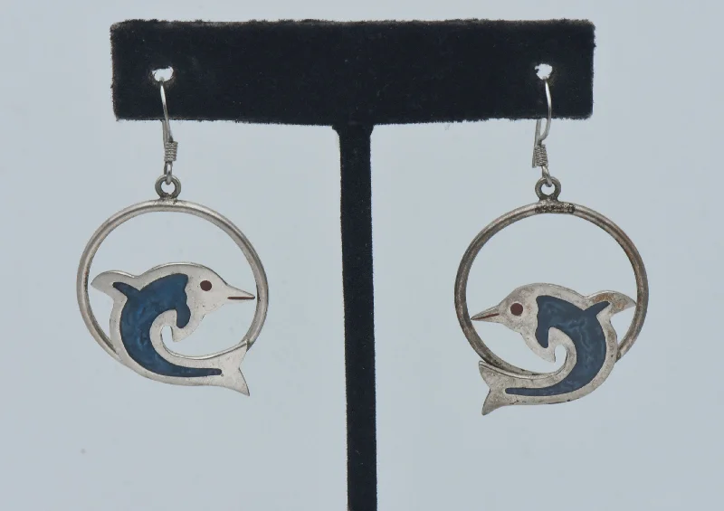 ladies earrings durable-Vintage Handmade Dolphin Alpaca Hoop Dangle Earrings