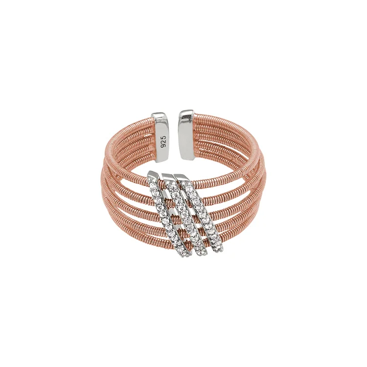 Ladies rings christian glow -Rose Gold Finish Sterling Silver Multi Cable Cuff Ring with Rhodium Finish Simulated Diamond Three Diagonal Bars