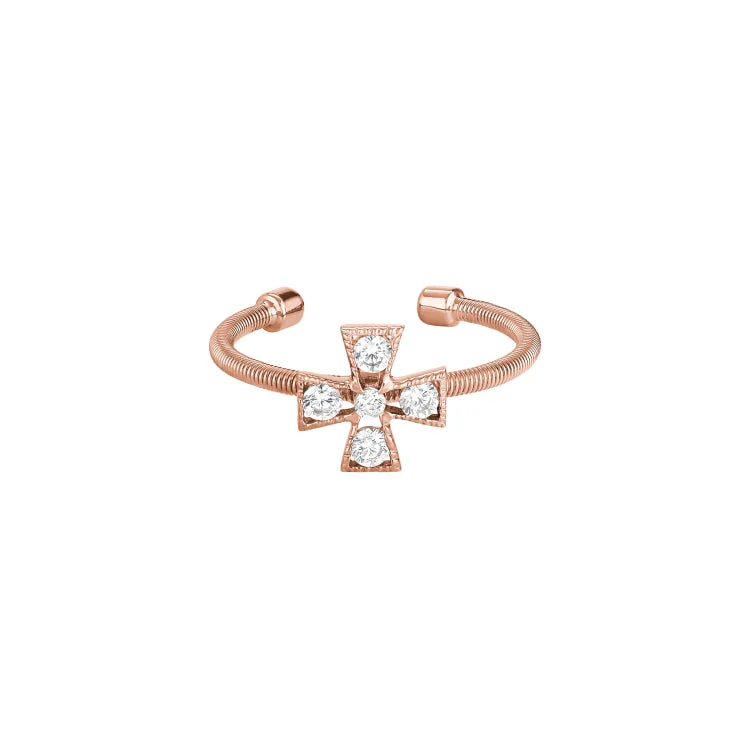 Ladies rings moon glow -Rose Gold Finish Sterling Silver Cable Cuff 5 Stone Cross Ring with Simulated Diamonds