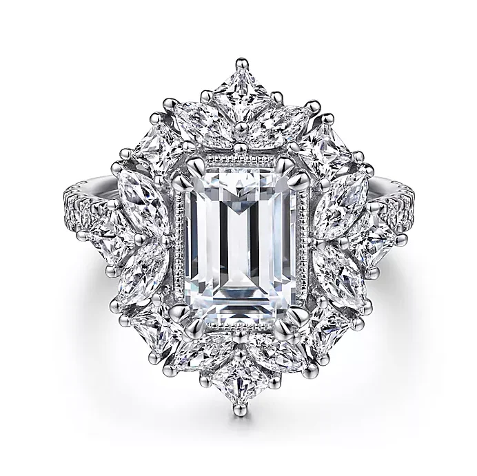 ladies engagement rings investment-Lisette - 14K White Gold Fancy Halo Emerald Cut Diamond Engagement Ring