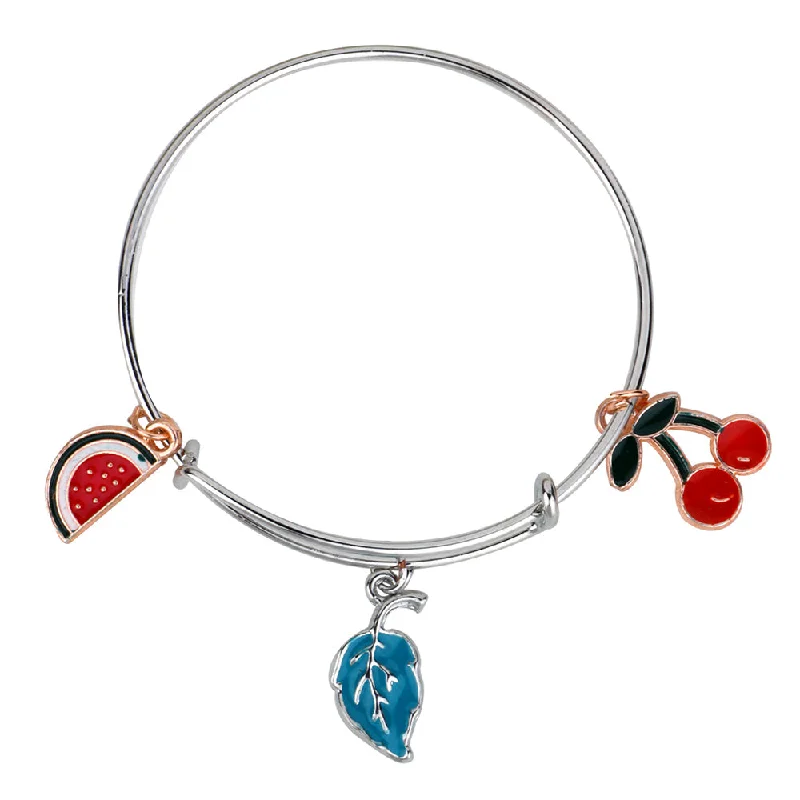 Ladies bracelets zirconia shimmer -Mahi Rhodium Plated Strawbery Cherry & Leaf Shaped Colorful Enamel Work Charms Kids Bracelets for Kids (BRK1100921M)