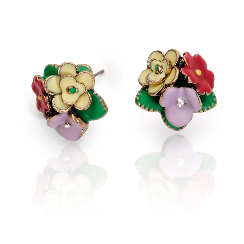 ladies earrings blue-Flower Stud Earrings: Frida Kahlo Inspired Enamel Flower & Crystal Studs