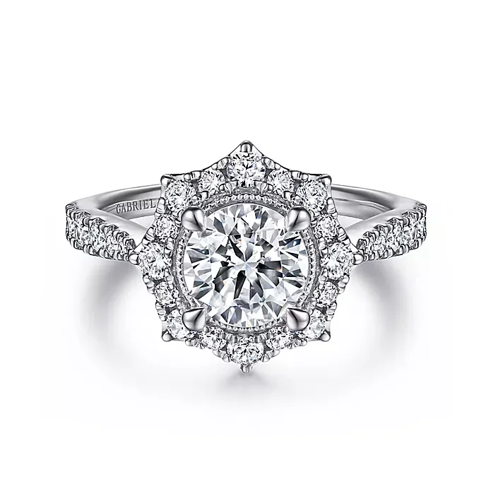 ladies engagement rings cleaning-Kimberly - Vintage Inspired 14K White Gold Fancy Halo Round Diamond Engagement Ring