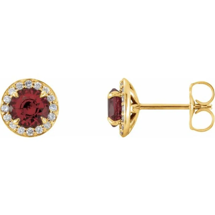 ladies earrings splurge-14K Yellow 5 mm Natural Mozambique Garnet & 1/8 CTW Natural Diamond Earrings