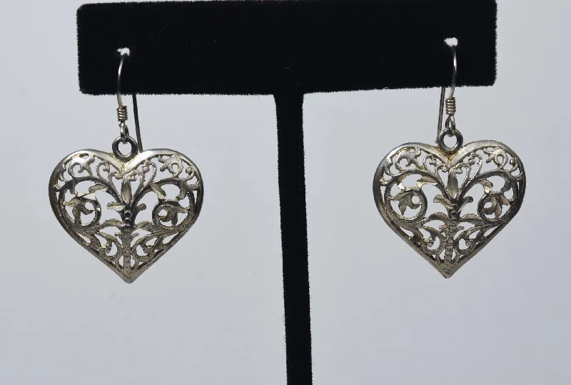 ladies earrings rose gold-Sterling Silver Pierced Heart Design Dangle Earrings