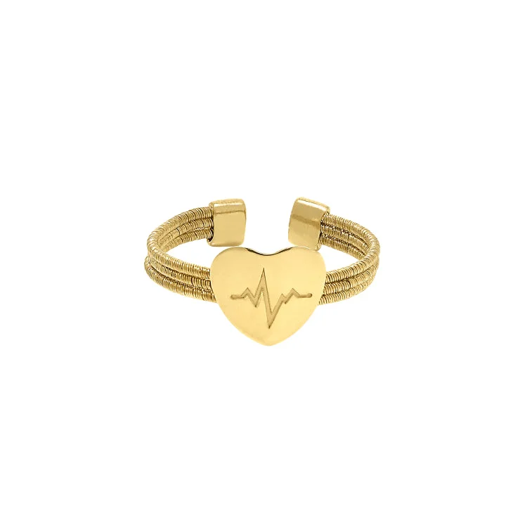 Ladies rings zen glow -Gold Finish Sterling Silver Three Cable Cuff Ring with a Polished Heart with a Heartbeat Design.