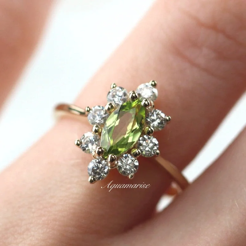 ladies engagement rings budget-Marquise Natural Peridot Engagement Ring- 14K Solid Yellow Gold