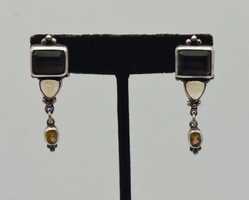 ladies earrings expensive-Vintage Smoky Quartz, Citrine and Topaz Sterling Silver Earrings