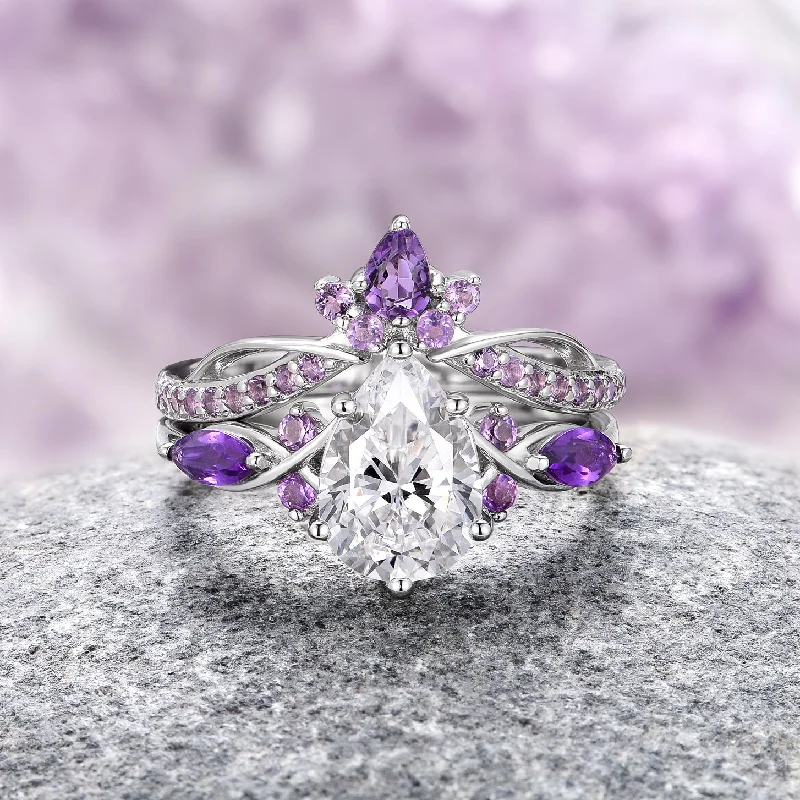 ladies engagement rings memory-Feyre Amethyst & Moissanite/Diamond Engagement Ring Set- 14K White Gold