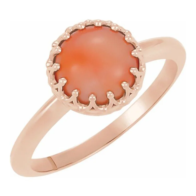 Ladies rings side gem shine -14K Rose 5 mm Natural Pink Coral Crown Cabochon Ring