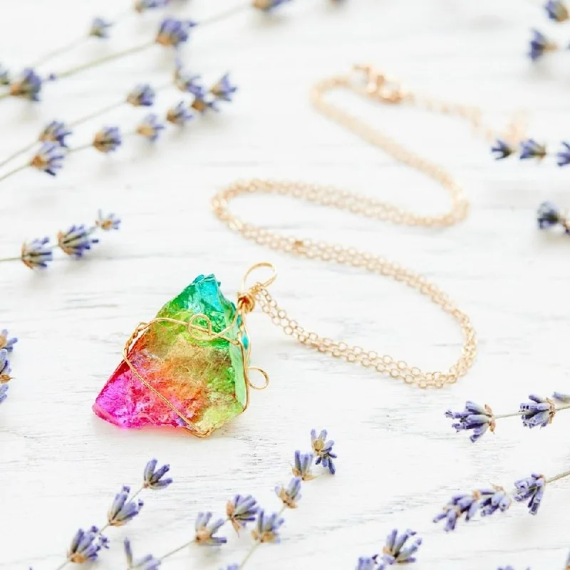 ladies necklaces metallic-Rainbow Aura Quartz Necklace