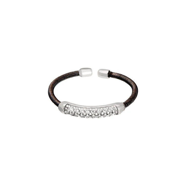 Ladies rings bezel charm -Black Rhodium Finish Sterling Silver Single Cable Cuff Ring with Rhodium Finish Double Row Simulated Diamonds