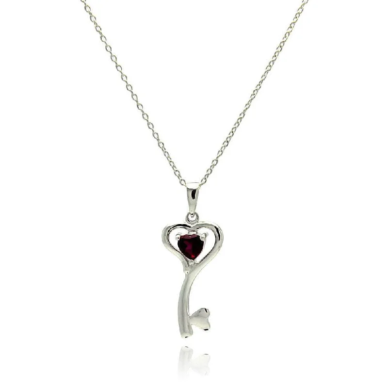 ladies necklaces butterfly-Silver 925 Rhodium Plated Clear CZ Heart Key Pendant Necklace - STP01327