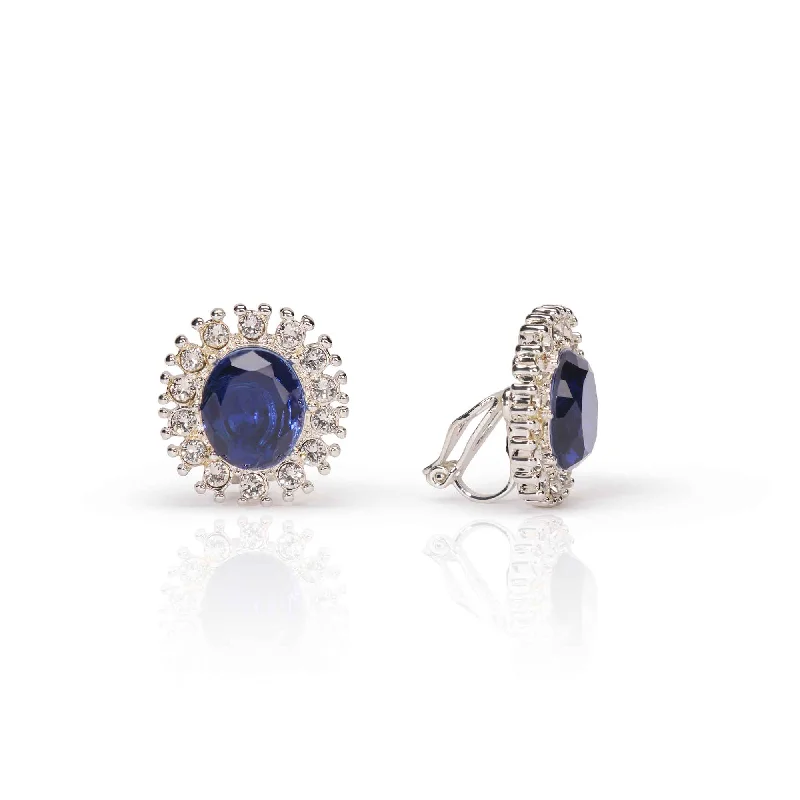 ladies earrings romantic-Princess Diana Inspired Earrings: Sapphire & Crystal Clip on Earrings