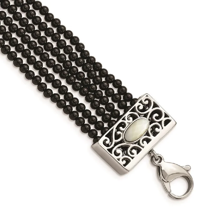 Ladies bracelets before wedding -Stainless Steel Polished MOP/Black Onyx w/1.50in ext Bracelet