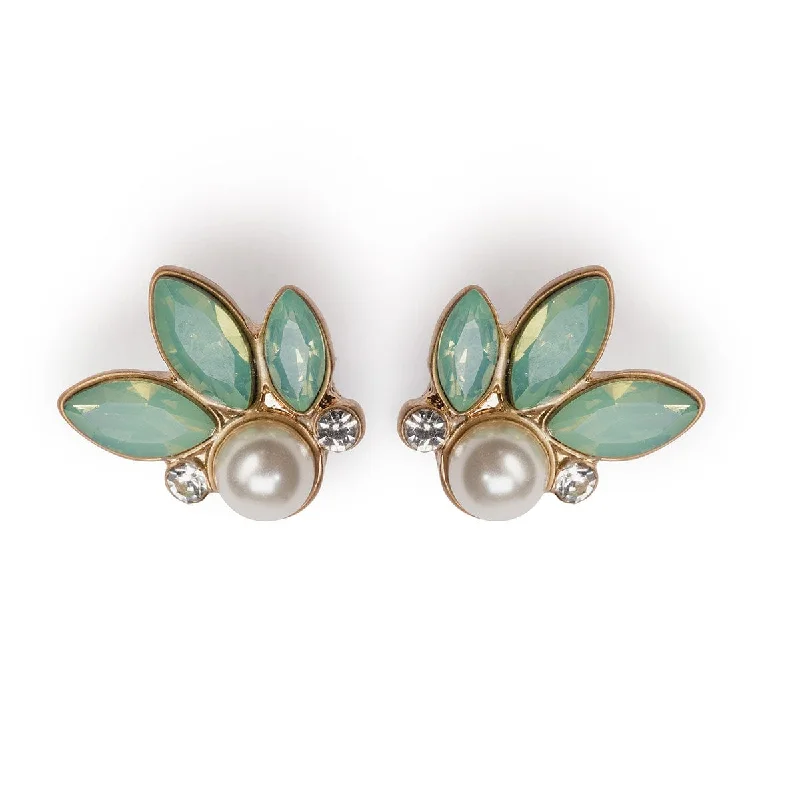 ladies earrings custom-Green Crystal Earrings: Opal Green Leaf Stone & Pearl Earrings