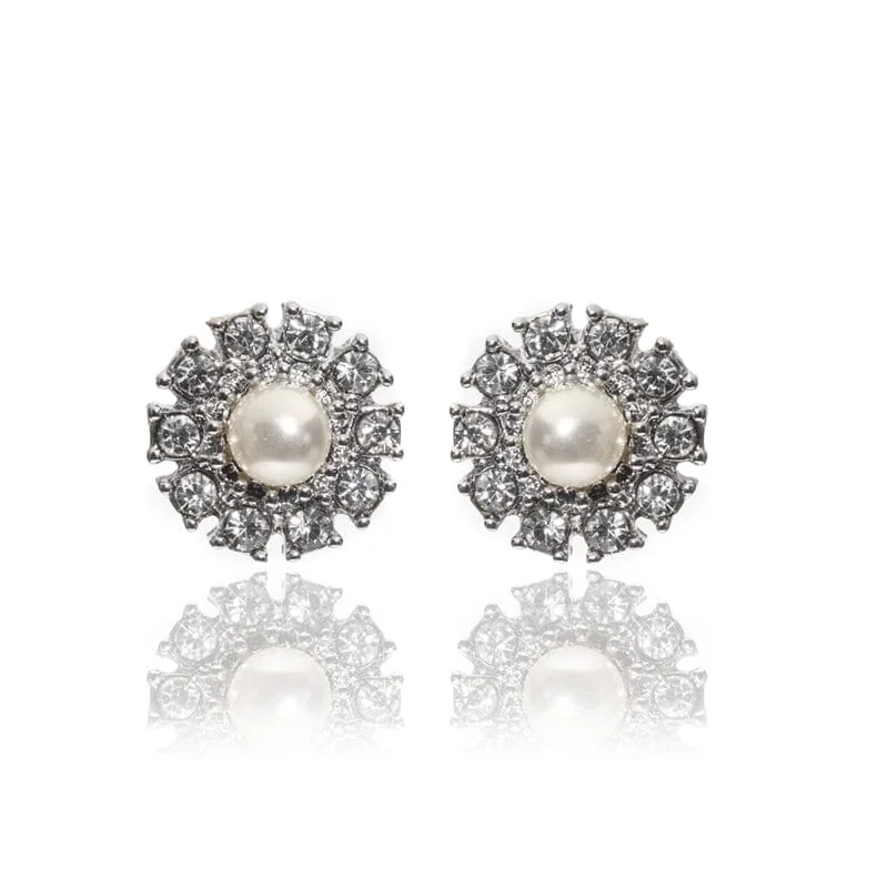 ladies earrings sustainable-Pearl & Crystal Stud Earrings: Vintage Style Bridal Pearl Studs