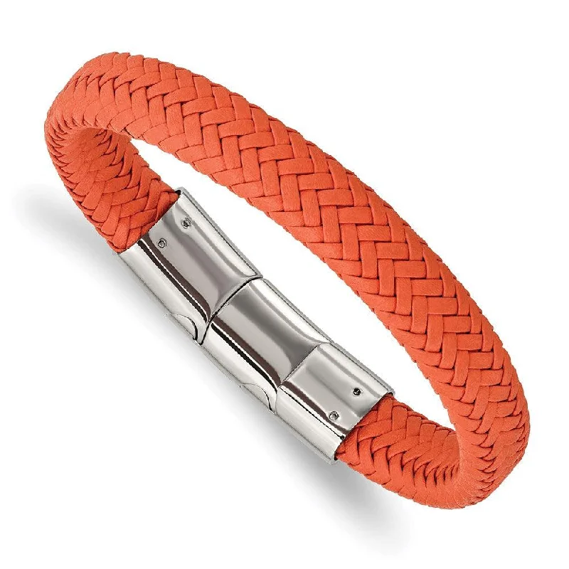 Ladies bracelets crown shine -Stainless Steel Polished Orange Woven Leather w/.5in ext 8in Bracelet