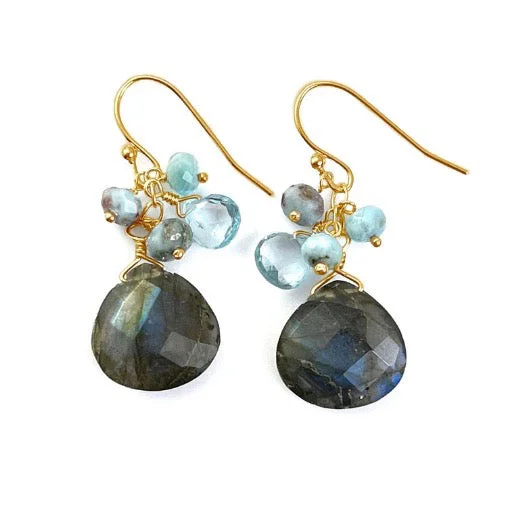 ladies earrings nostalgia-Labradorite, Blue Topaz, Larimar Cluster Earrings