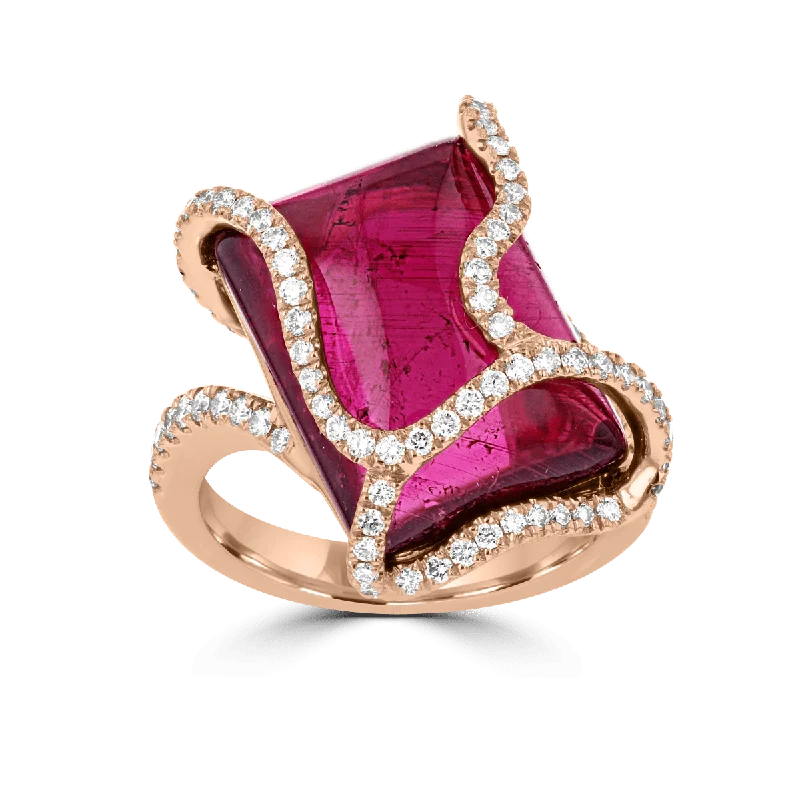 Ladies rings 1920s sparkle -18KT Rose Gold 11.89 CT Rubellite & .65 CTW Diamond Freeform Ring