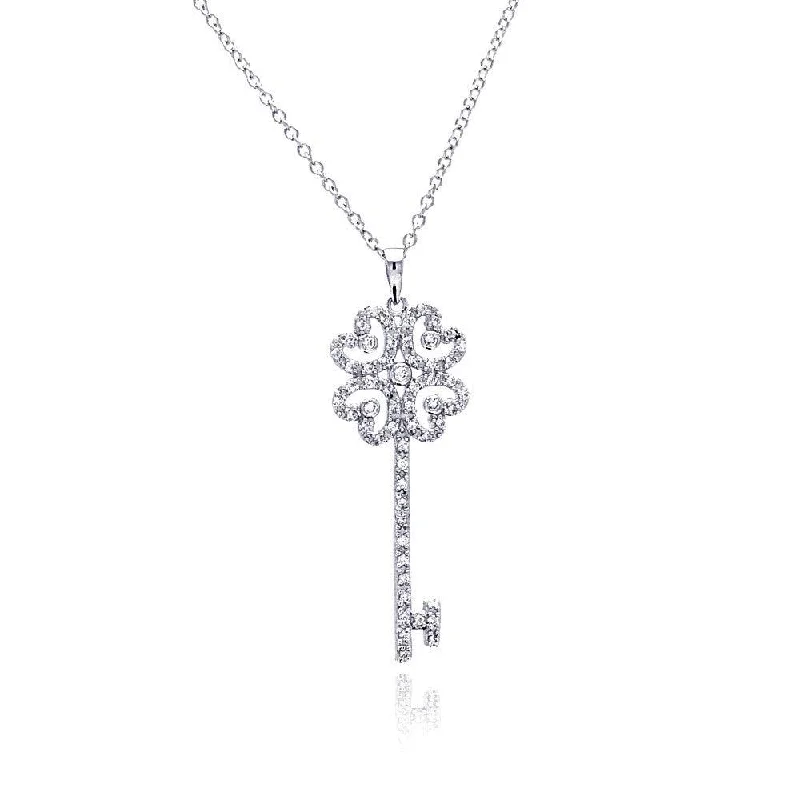 ladies necklaces outdoor-Silver 925 Rhodium Plated Open Heart Key CZ Necklace - BGP00375