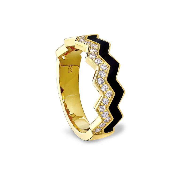 Ladies rings indian glow -Gold Vermeil Sterling Silver Micropave Ring with with Black Enamel and Simulated Diamondss