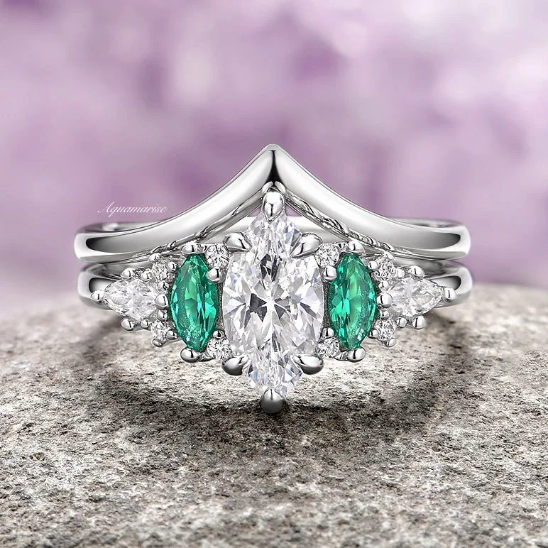 ladies engagement rings cluster-Emerie Moissanite Diamond & Emerald Engagement Ring Set- 14K White Gold