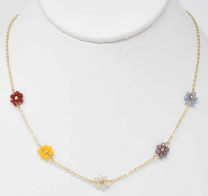 ladies necklaces seasonal-Multicolor Beaded Flower Necklace with Gold Chain