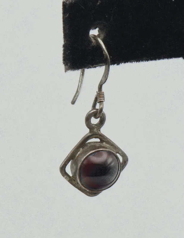 ladies earrings traditional-UNMATCHED Vintage Beautiful Red Garnet Cabochon Sterling Silver Dangle Earring