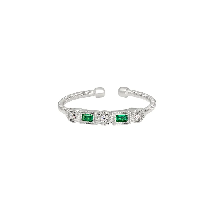 Ladies rings renaissance glow -Rhodium Finish Sterling Silver Cable Cuff Ring with Simulated Emeralds and Simulated Diamonds