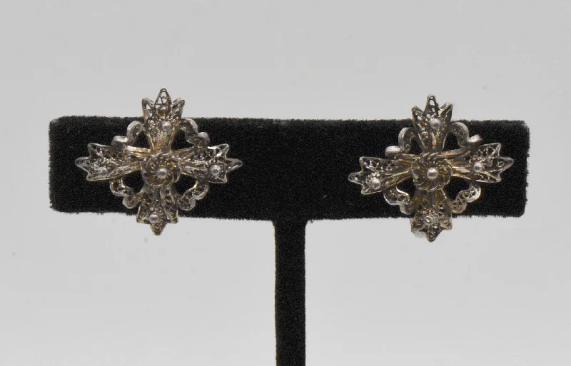 ladies earrings materials-Vintage Sterling Silver Filigree Cross Screw Back Earrings